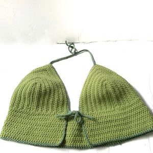Green Crochet Cropped Tie Up Halter Top XL Handmade